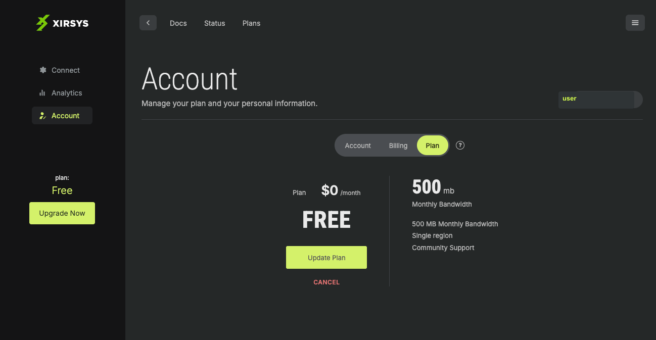 Account Plan tab showing current plan price, update plan action, cancel action, and monthly bandwidth.