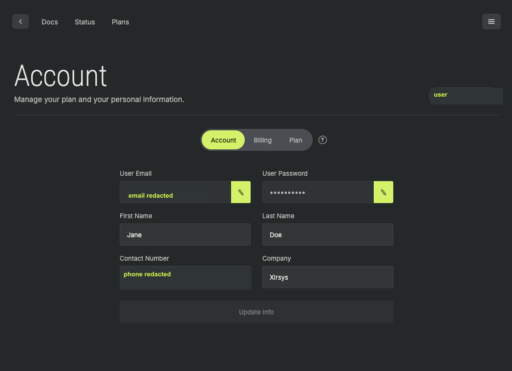 Account tab showing editable user profile fields and an Update Info button.