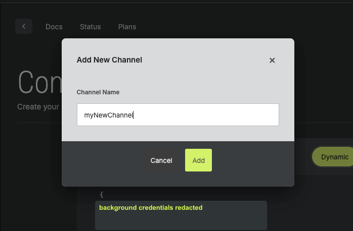 Add New Channel dialog with a Channel Name field, Cancel button, and Add button.