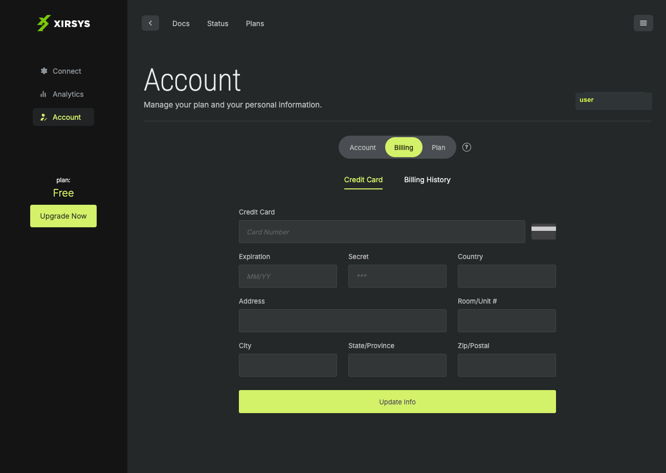 Billing tab showing credit card fields and billing history navigation.
