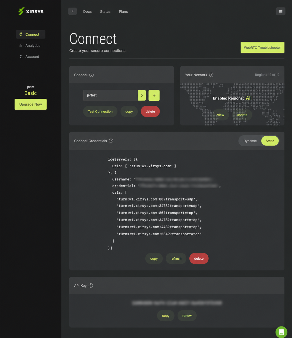 Connect page showing channel controls, network access, credentials, and API key management.