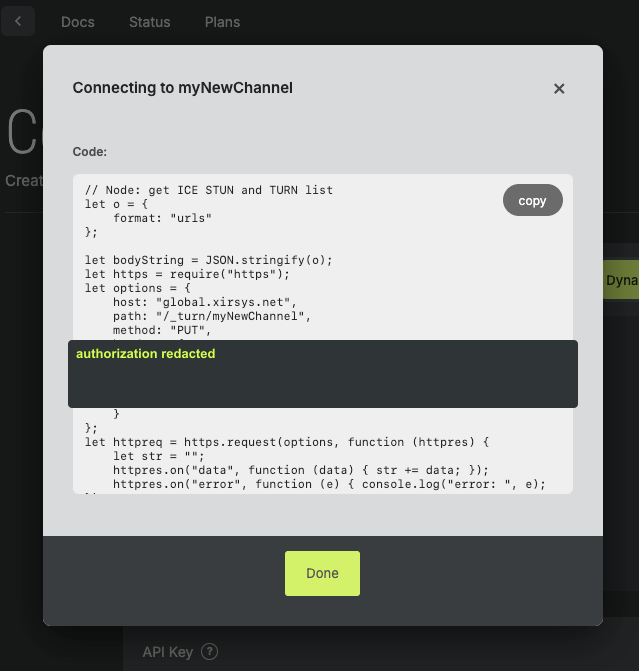 Example dialog showing Node.js code for requesting ICE STUN and TURN values.