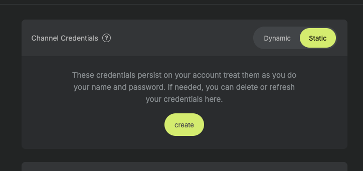 Static credentials tab explaining that persistent credentials can be created and showing a create button.