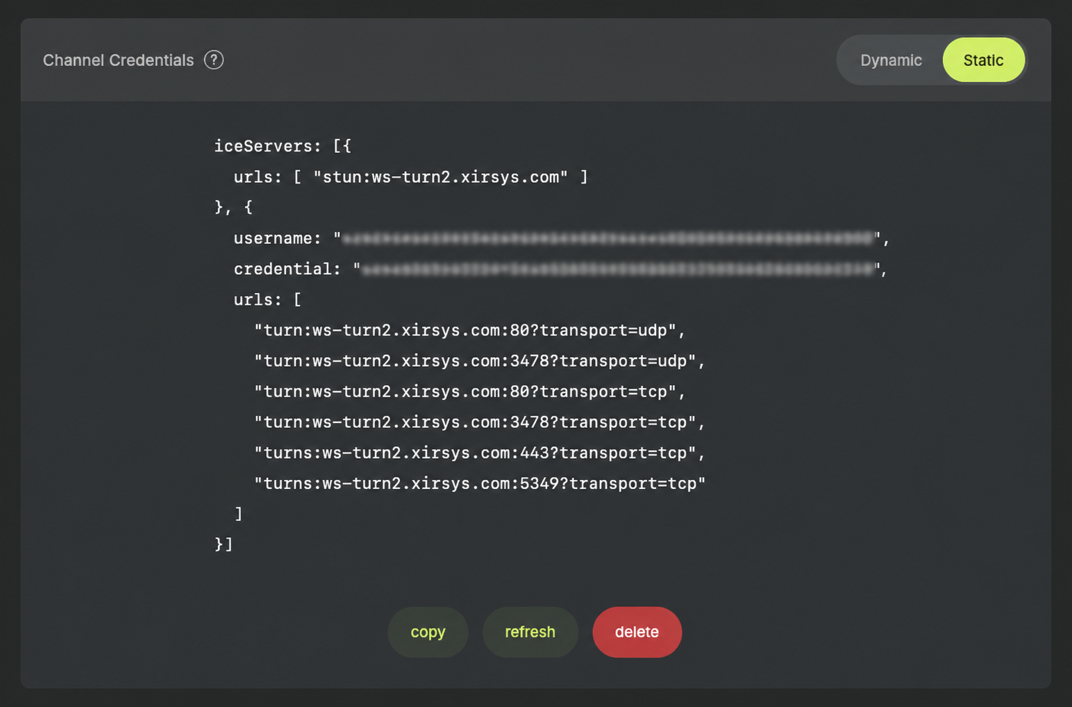 Static tab showing persistent ICE credentials with copy, refresh, and delete controls.