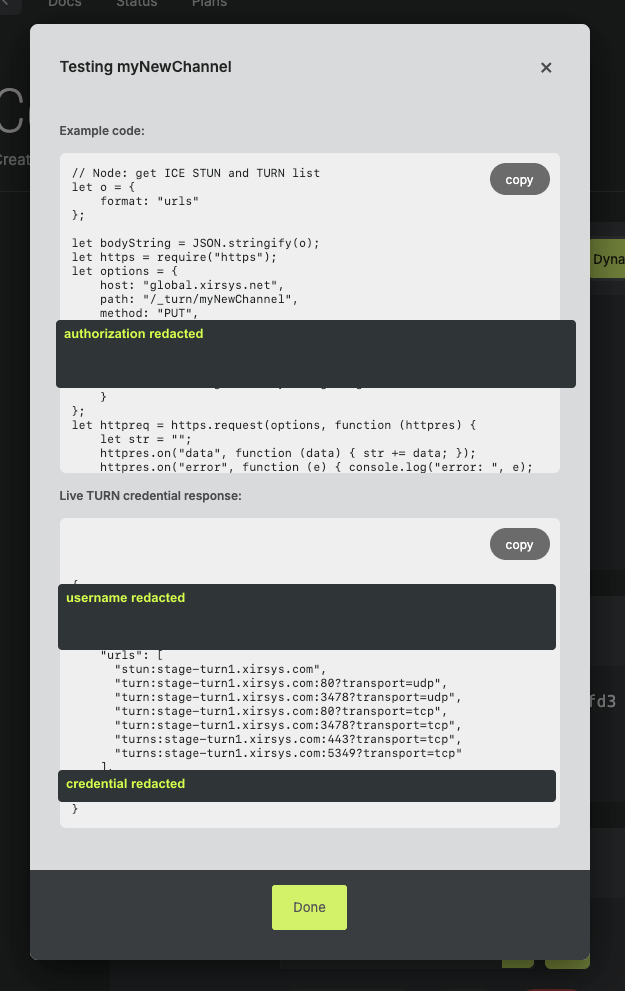 Testing dialog showing a successful TURN credential response.