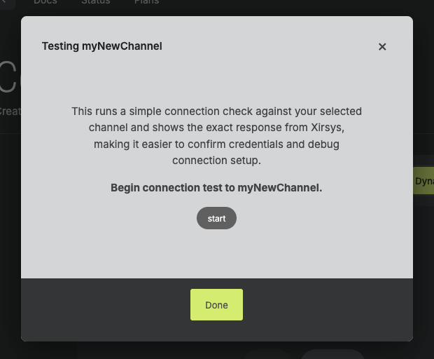 Testing dialog asking to begin the connection test for a selected channel.